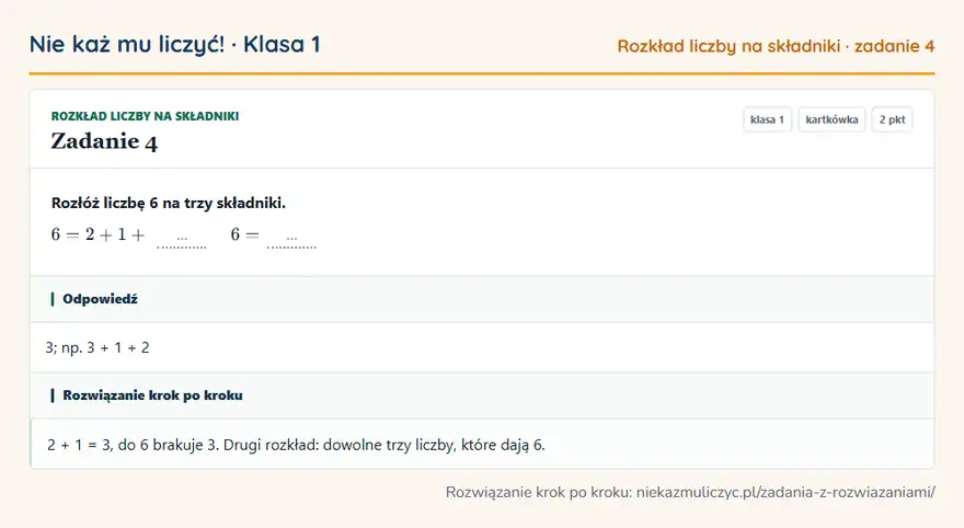 Rozwiązanie zadania 4 — Rozkład liczby na składniki (klasa 1): Rozłóż liczbę 6 na trzy składniki. 6 = 2 + 1 + … 6 = …