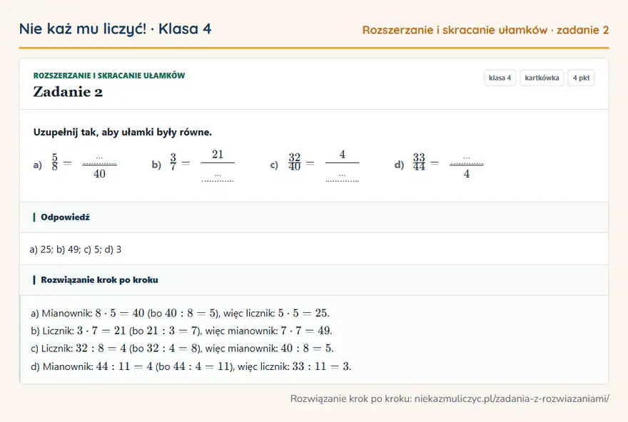Rozwiązanie zadania 2 — Rozszerzanie i skracanie ułamków (klasa 4): Uzupełnij tak, aby ułamki były równe. a) 5/8 = … 40 b) 3/7 = 21 … c) 32/40 = 4 … d) 33/44 = … 4