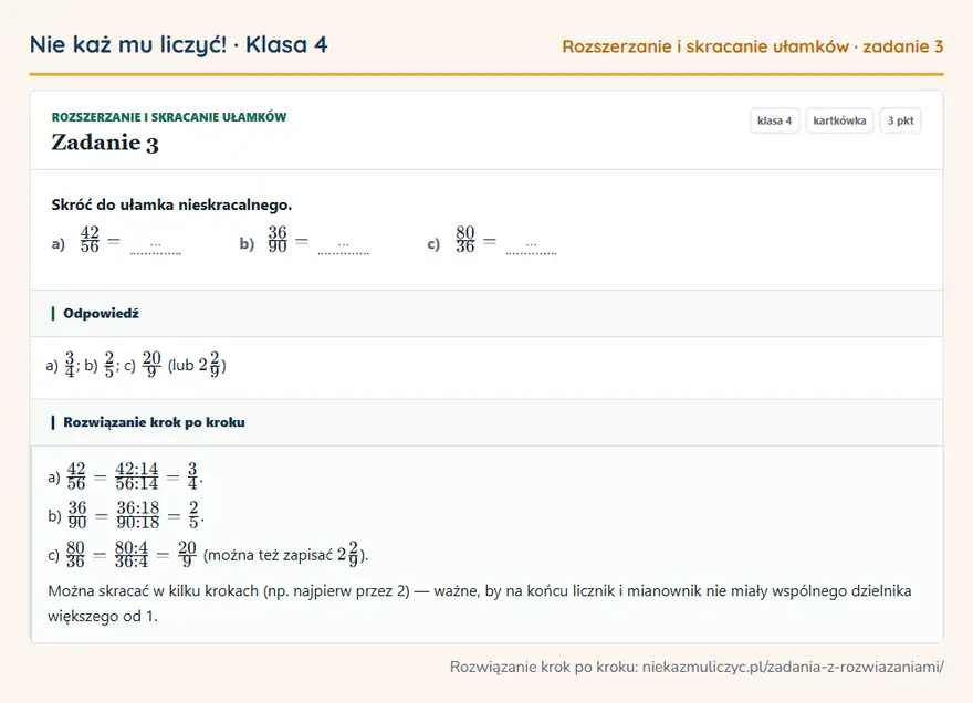 Rozwiązanie zadania 3 — Rozszerzanie i skracanie ułamków (klasa 4): Skróć do ułamka nieskracalnego. a) 42/56 = … b) 36/90 = … c) 80/36 = …