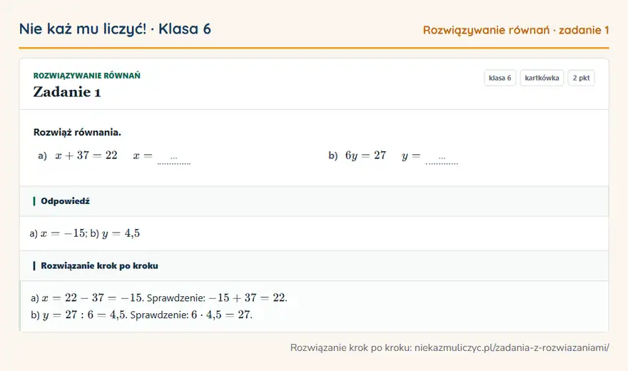 Rozwiązanie zadania 1, kartkówka „Rozwiązywanie równań”, klasa 6: Rozwiąż równania. a) x + 37 = 22 x = … b) 6y = 27 y = … Odpowiedź: a) x = -15; b) y = 4,5