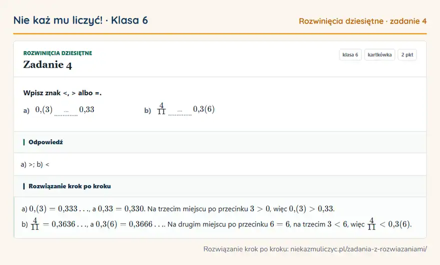 Rozwiązanie zadania 4 — Rozwinięcia dziesiętne (klasa 6): Wpisz znak <, > albo =. a) 0,(3) … 0,33 b) 4/11 … 0,3(6)