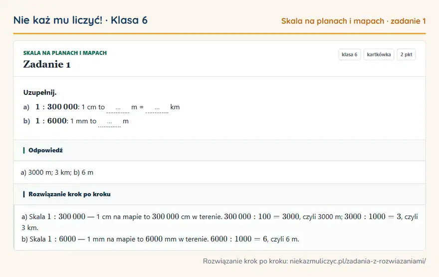 Rozwiązanie zadania 1 — Skala na planach i mapach (klasa 6): Uzupełnij. a) 1: 300 000: 1 cm to … m = … km b) 1: 6000: 1 mm to … m