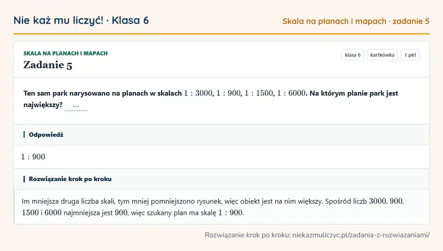 Rozwiązanie zadania 5, kartkówka „Skala na planach i mapach”, klasa 6: Ten sam park narysowano na planach w skalach 1: 3000, 1: 900, 1: 1500, 1: 6000. Na którym planie… Odpowiedź: 1: 900