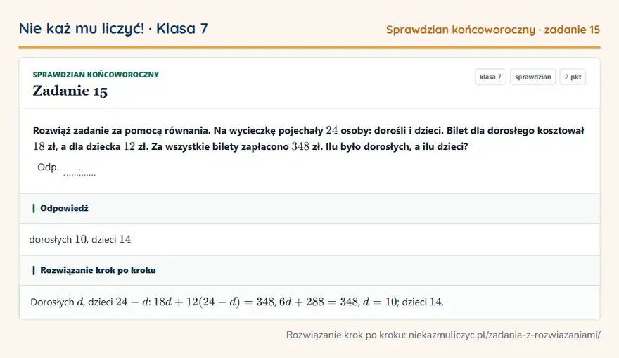 Rozwiązanie zadania 15 — Sprawdzian końcoworoczny (klasa 7): Rozwiąż zadanie za pomocą równania. Na wycieczkę pojechały 24 osoby: dorośli i dzieci. Bilet dla…