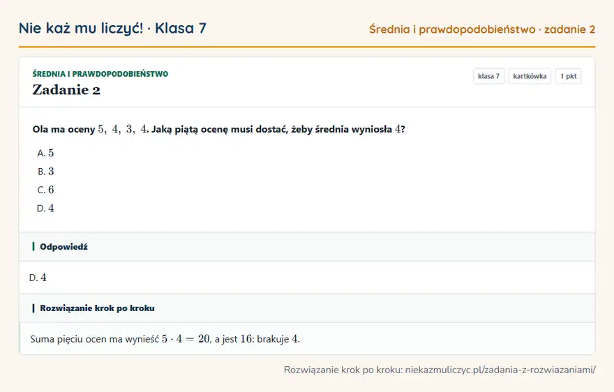 Rozwiązanie zadania 2 — Średnia i prawdopodobieństwo (klasa 7): Ola ma oceny 5, 4, 3, 4. Jaką piątą ocenę musi dostać, żeby średnia wyniosła 4?