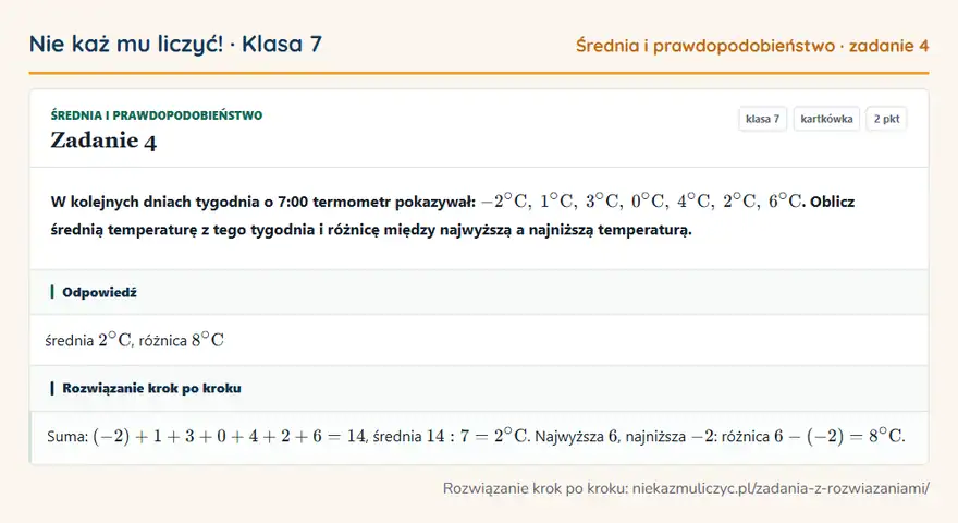 Rozwiązanie zadania 4 — Średnia i prawdopodobieństwo (klasa 7): W kolejnych dniach tygodnia o 7:00 termometr pokazywał: -2°C, 1°C, 3°C, 0°C, 4°C, 2°C, 6°C. Oblicz…