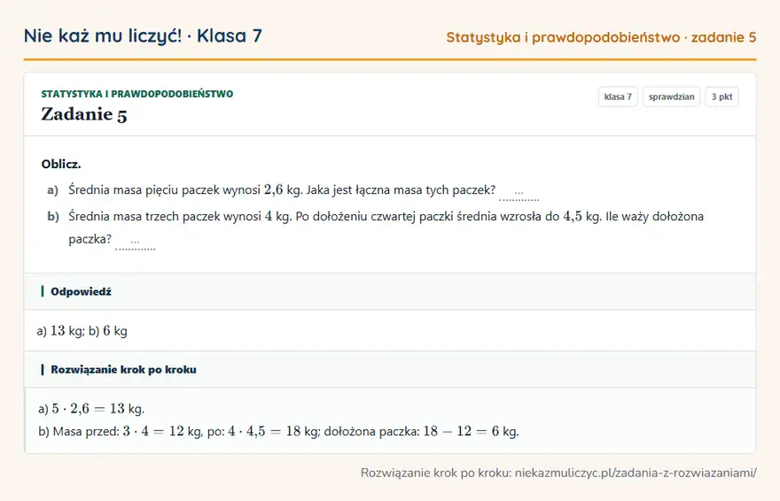 Rozwiązanie zadania 5, sprawdzian „Statystyka i prawdopodobieństwo”, klasa 7: Oblicz. a) Średnia masa pięciu paczek wynosi 2,6 kg. Jaka jest łączna masa tych paczek? … b)… Odpowiedź: a) 13 kg; b) 6 kg