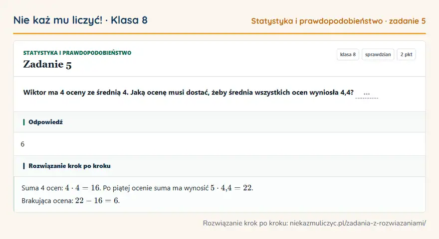 Rozwiązanie zadania 5 — Statystyka i prawdopodobieństwo (klasa 8): Wiktor ma 4 oceny ze średnią 4. Jaką ocenę musi dostać, żeby średnia wszystkich ocen wyniosła 4,4? …