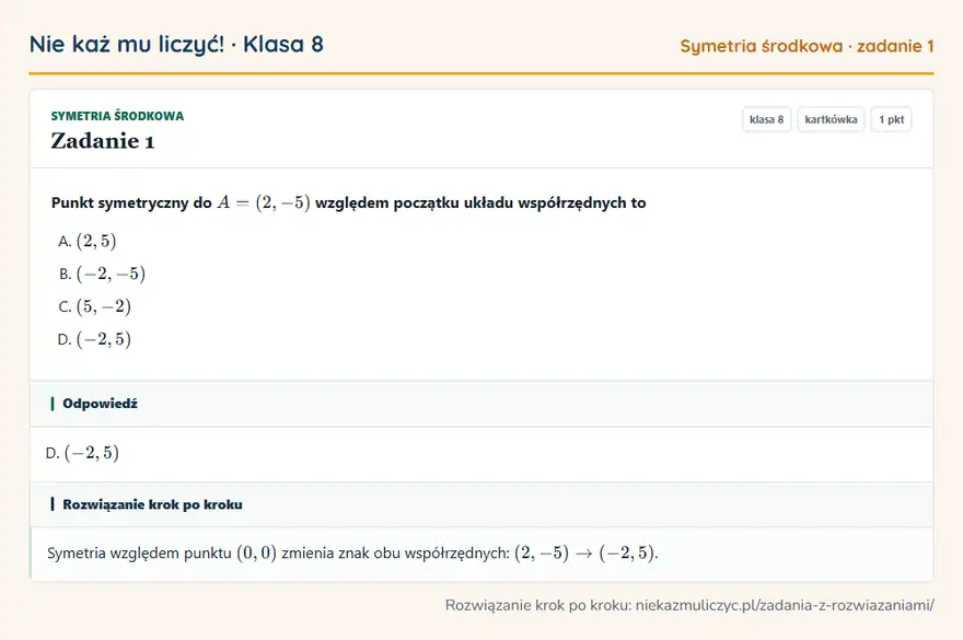 Rozwiązanie zadania 1 — Symetria środkowa (klasa 8): Punkt symetryczny do A = (2, -5) względem początku układu współrzędnych to