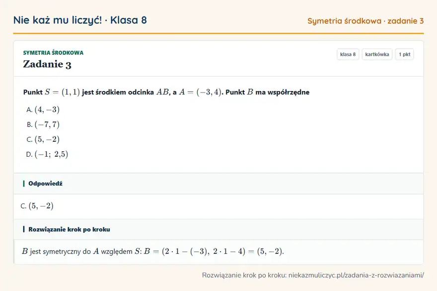 Rozwiązanie zadania 3 — Symetria środkowa (klasa 8): Punkt S = (1, 1) jest środkiem odcinka AB, a A = (-3, 4). Punkt B ma współrzędne