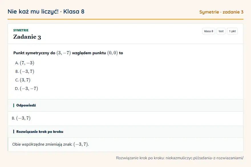 Rozwiązanie zadania 3 — Symetrie (klasa 8): Punkt symetryczny do (3, -7) względem punktu (0, 0) to
