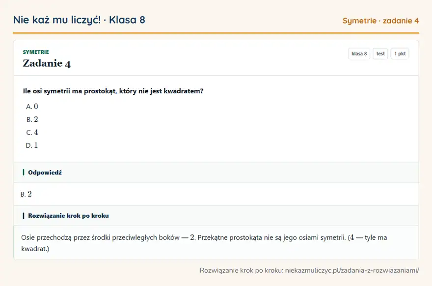 Rozwiązanie zadania 4 — Symetrie (klasa 8): Ile osi symetrii ma prostokąt, który nie jest kwadratem?