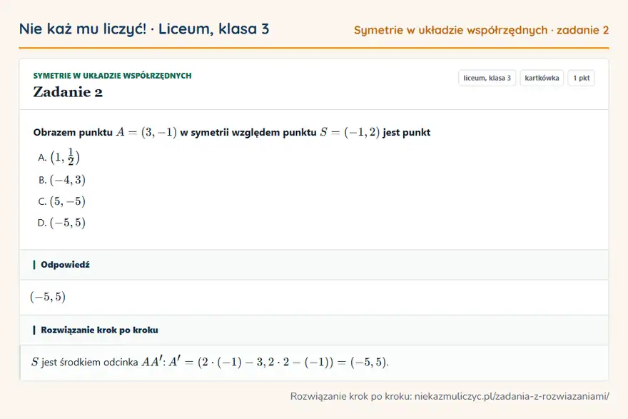 Rozwiązanie zadania 2 — Symetrie w układzie współrzędnych (liceum, klasa 3): Obrazem punktu A = (3, -1) w symetrii względem punktu S = (-1, 2) jest punkt