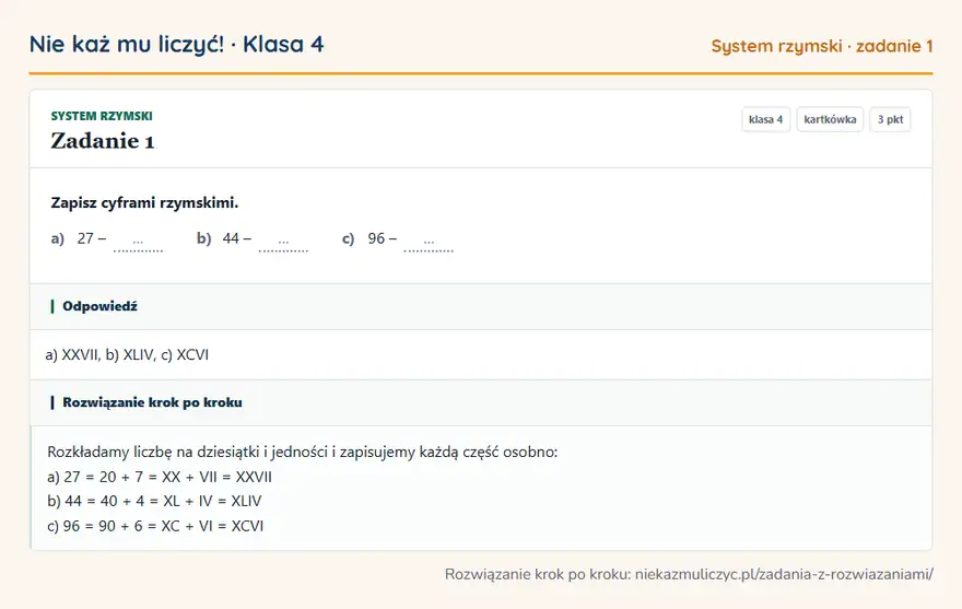 Rozwiązanie zadania 1 — System rzymski (klasa 4): Zapisz cyframi rzymskimi. a) 27 – … b) 44 – … c) 96 – …