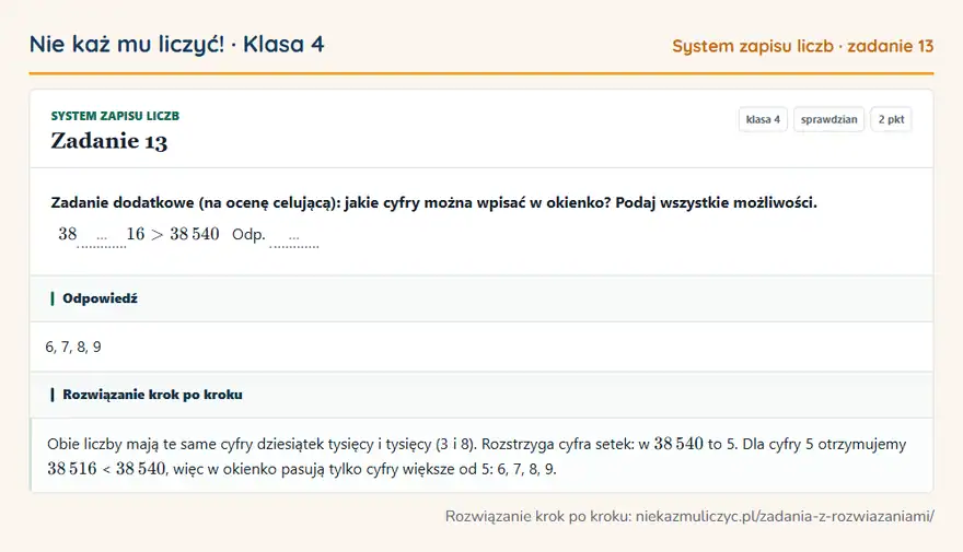 Rozwiązanie zadania 13 — System zapisu liczb (klasa 4): Zadanie dodatkowe (na ocenę celującą): jakie cyfry można wpisać w okienko? Podaj wszystkie…