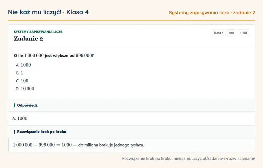 Rozwiązanie zadania 2, test „Systemy zapisywania liczb”, klasa 4: O ile 1 000 000 jest większe od 999 000? Odpowiedź: A. 1000