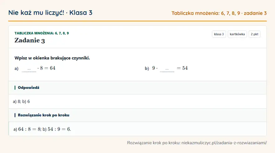 Rozwiązanie zadania 3, kartkówka „Tabliczka mnożenia: 6, 7, 8, 9”, klasa 3: Wpisz w okienka brakujące czynniki. a) … · 8 = 64 b) 9 · … = 54 Odpowiedź: a) 8; b) 6