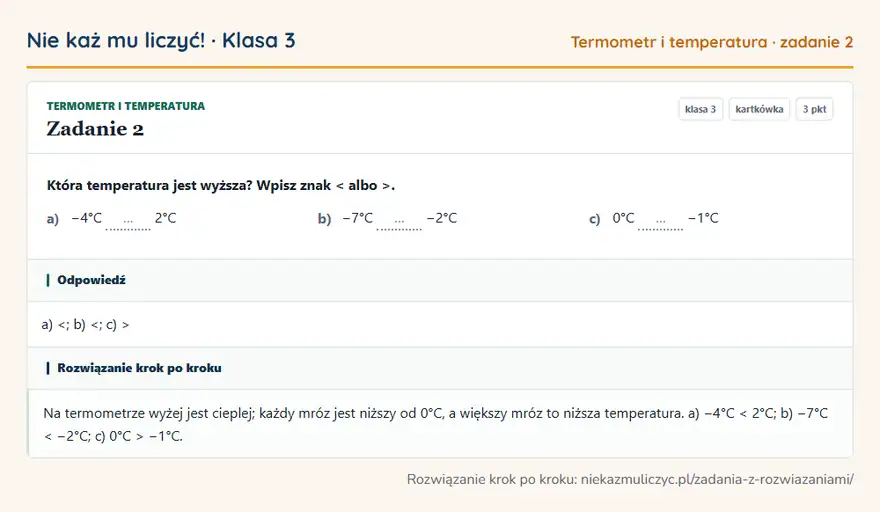 Rozwiązanie zadania 2 — Termometr i temperatura (klasa 3): Która temperatura jest wyższa? Wpisz znak < albo >. a) −4°C … 2°C b) −7°C … −2°C c) 0°C … −1°C