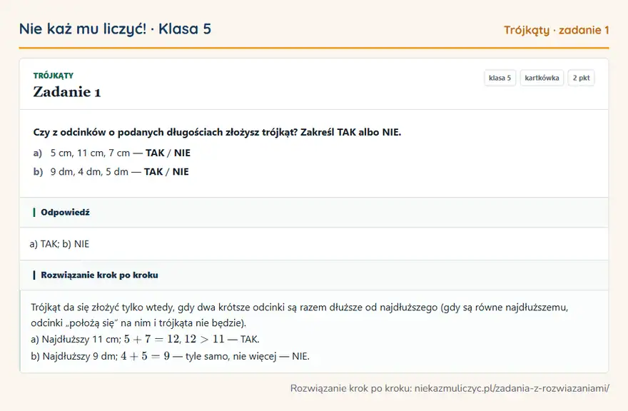 Rozwiązanie zadania 1, kartkówka „Trójkąty”, klasa 5: Czy z odcinków o podanych długościach złożysz trójkąt? Zakreśl TAK albo NIE. a) 5 cm, 11 cm, 7 cm —… Odpowiedź: a) TAK; b) NIE