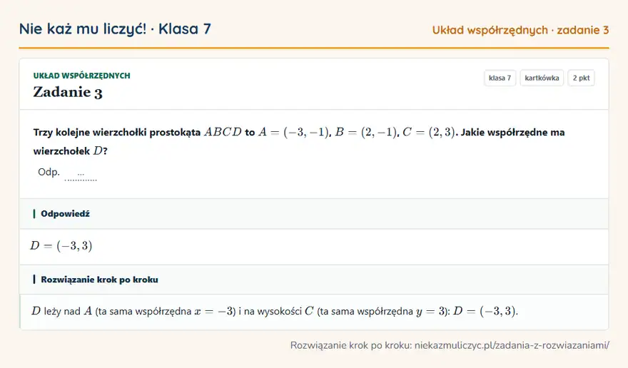 Rozwiązanie zadania 3 — Układ współrzędnych (klasa 7): Trzy kolejne wierzchołki prostokąta ABCD to A = (-3, -1), B = (2, -1), C = (2, 3). Jakie…