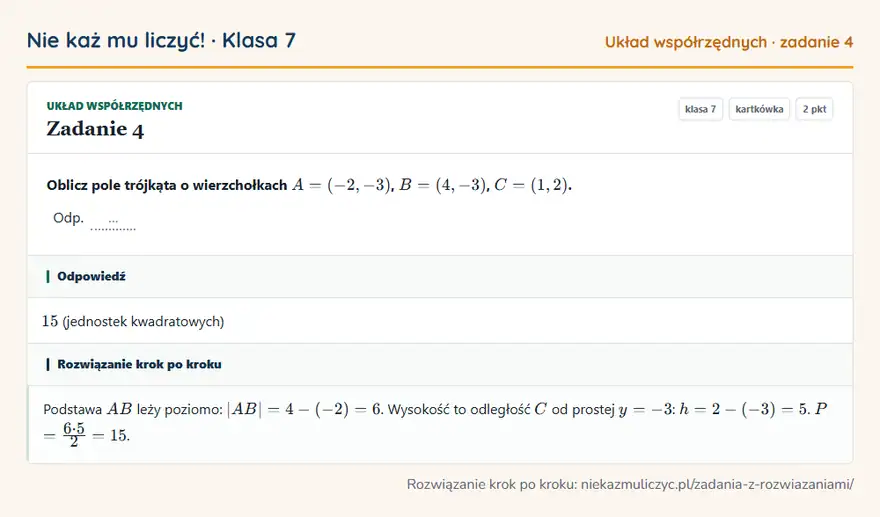 Rozwiązanie zadania 4 — Układ współrzędnych (klasa 7): Oblicz pole trójkąta o wierzchołkach A = (-2, -3), B = (4, -3), C = (1, 2). Odp. …