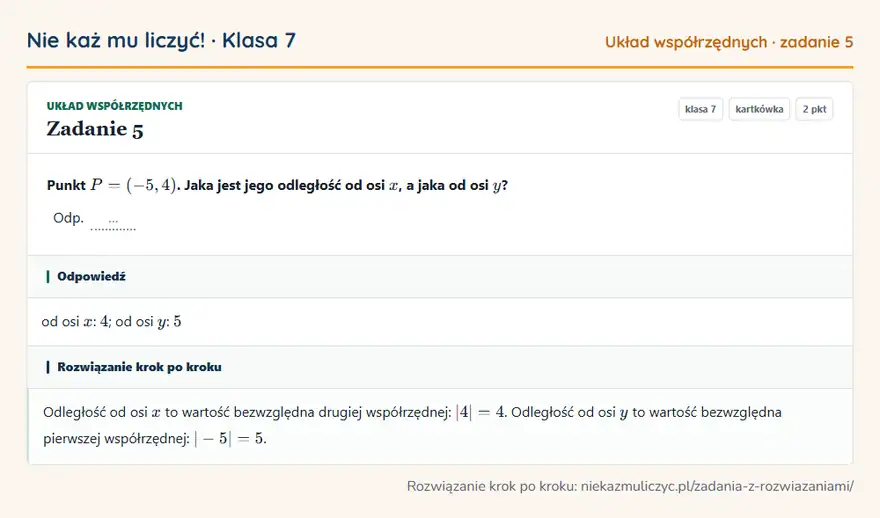 Rozwiązanie zadania 5 — Układ współrzędnych (klasa 7): Punkt P = (-5, 4). Jaka jest jego odległość od osi x, a jaka od osi y? Odp. …