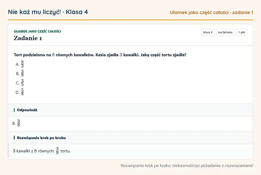 Rozwiązanie zadania 1 — Ułamek jako część całości (klasa 4): Tort podzielono na 8 równych kawałków. Kasia zjadła 3 kawałki. Jaką część tortu zjadła?