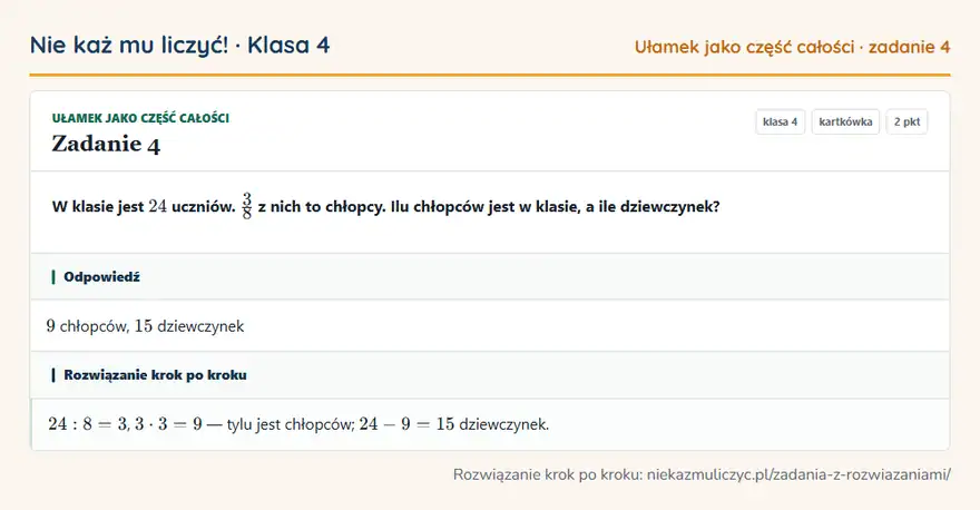 Rozwiązanie zadania 4, kartkówka „Ułamek jako część całości”, klasa 4: W klasie jest 24 uczniów. 3/8 z nich to chłopcy. Ilu chłopców jest w klasie, a ile dziewczynek? Odpowiedź: 9 chłopców, 15 dziewczynek