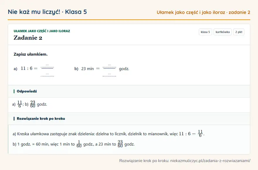 Rozwiązanie zadania 2 — Ułamek jako część i jako iloraz (klasa 5): Zapisz ułamkiem. a) 11: 6 = … … b) 23 min = … … godz.