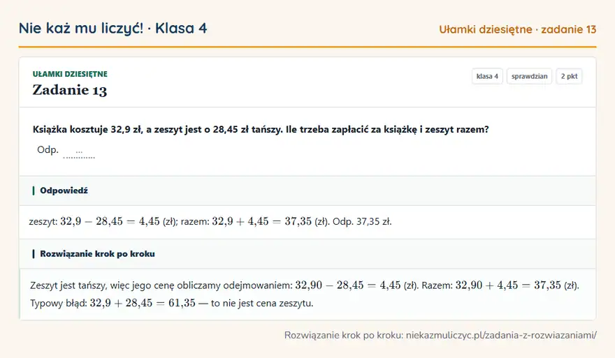 Rozwiązanie zadania 13, sprawdzian „Ułamki dziesiętne”, klasa 4: Książka kosztuje 32,9 zł, a zeszyt jest o 28,45 zł tańszy. Ile trzeba zapłacić za książkę i zeszyt…
