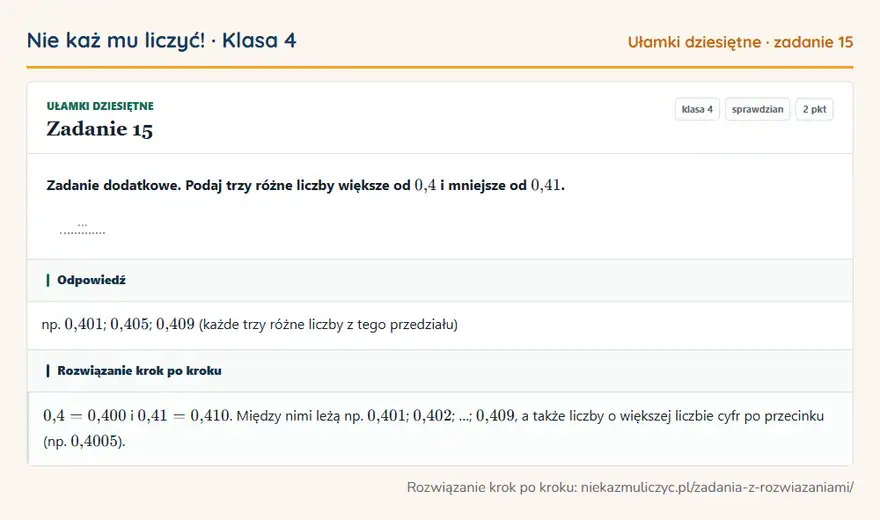 Rozwiązanie zadania 15, sprawdzian „Ułamki dziesiętne”, klasa 4: Zadanie dodatkowe. Podaj trzy różne liczby większe od 0,4 i mniejsze od 0,41. …