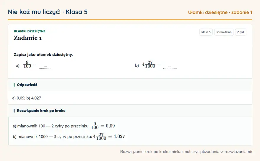 Rozwiązanie zadania 1 — Ułamki dziesiętne (klasa 5): Zapisz jako ułamek dziesiętny. a) 9/100 = … b) 427/1000 = …