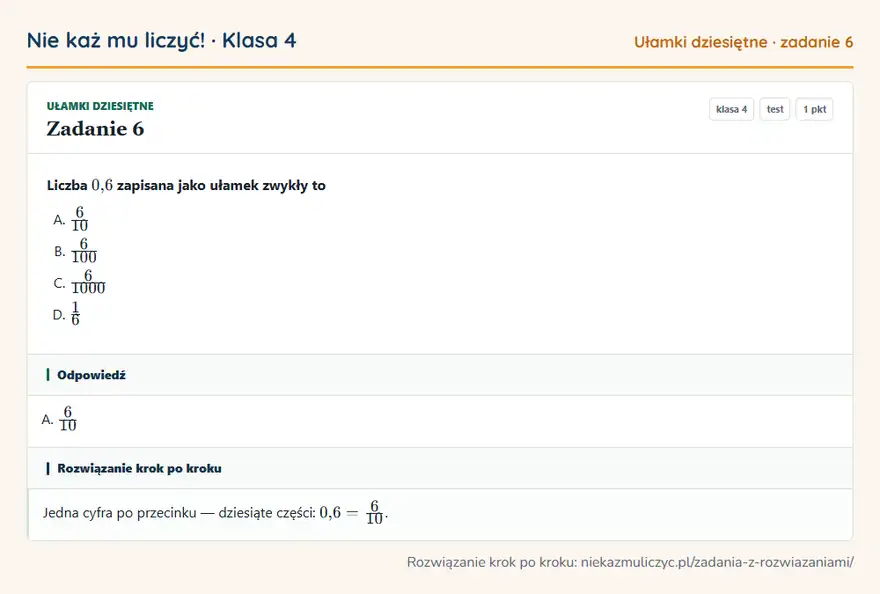 Rozwiązanie zadania 6 — Ułamki dziesiętne (klasa 4): Liczba 0,6 zapisana jako ułamek zwykły to