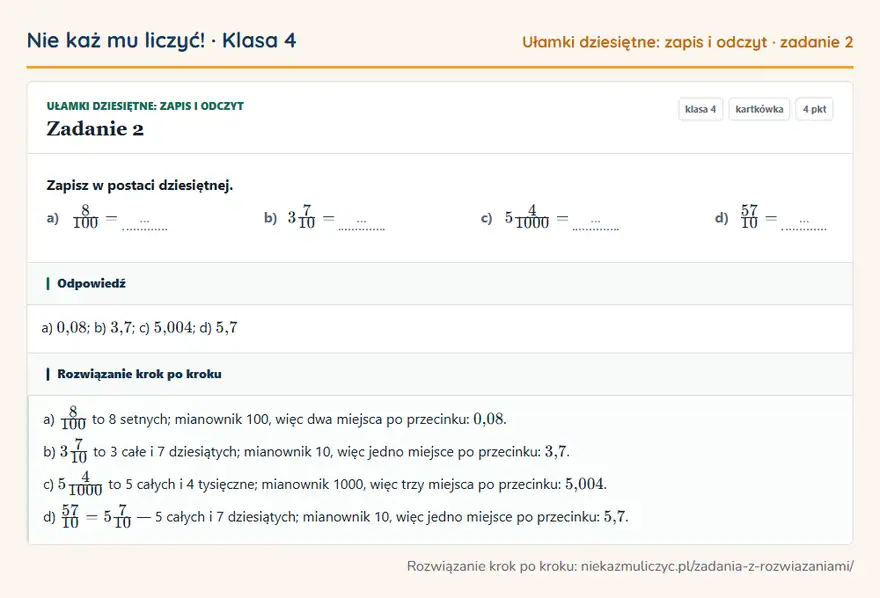 Rozwiązanie zadania 2 — Ułamki dziesiętne: zapis i odczyt (klasa 4): Zapisz w postaci dziesiętnej. a) 8/100 = … b) 37/10 = … c) 54/1000 = … d) 57/10 = …