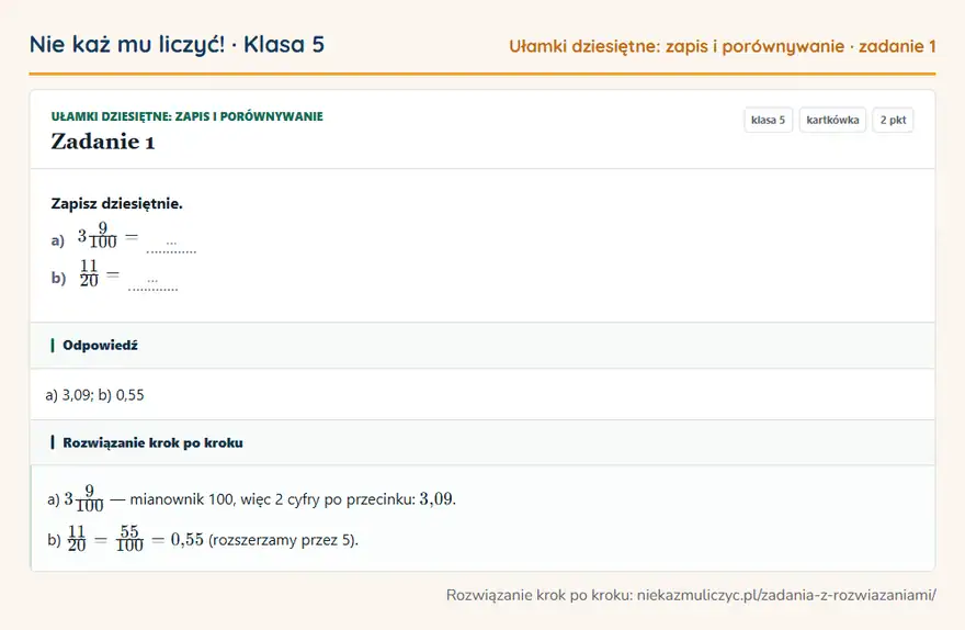 Rozwiązanie zadania 1 — Ułamki dziesiętne: zapis i porównywanie (klasa 5): Zapisz dziesiętnie. a) 39/100 = … b) 11/20 = …