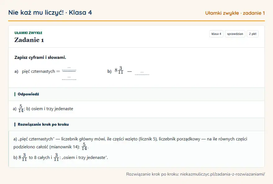 Rozwiązanie zadania 1, sprawdzian „Ułamki zwykłe”, klasa 4: Zapisz cyframi i słowami. a) pięć czternastych = … … b) 83/11 — … Odpowiedź: a) 5/14; b) osiem i trzy jedenaste