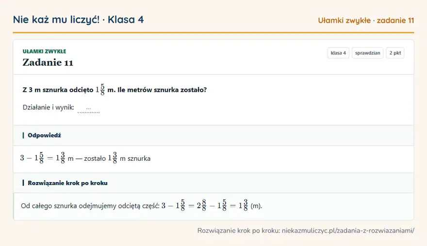 Rozwiązanie zadania 11, sprawdzian „Ułamki zwykłe”, klasa 4: Z 3 m sznurka odcięto 15/8 m. Ile metrów sznurka zostało? Działanie i wynik: … Odpowiedź: 3 - 15/8 = 13/8 m — zostało 13/8 m sznurka