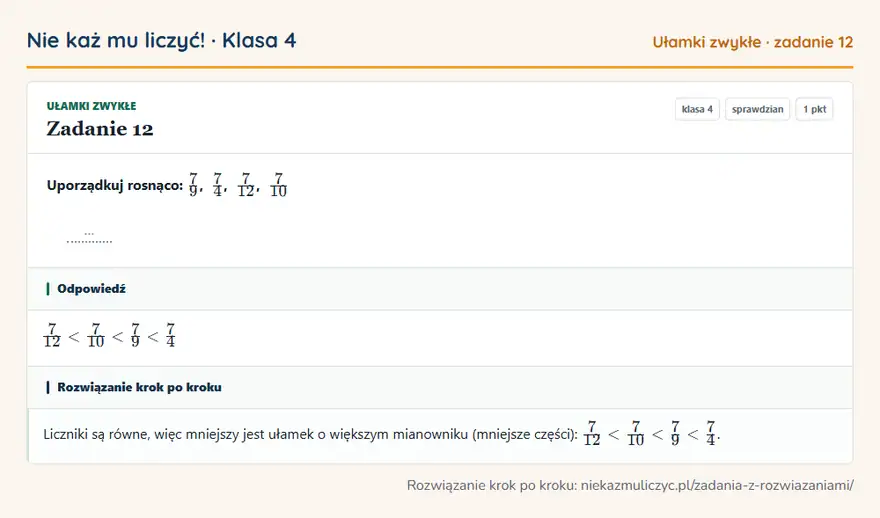 Rozwiązanie zadania 12, sprawdzian „Ułamki zwykłe”, klasa 4: Uporządkuj rosnąco: 7/9, 7/4, 7/12, 7/10 … Odpowiedź: 7/12 7/10 7/9 7/4
