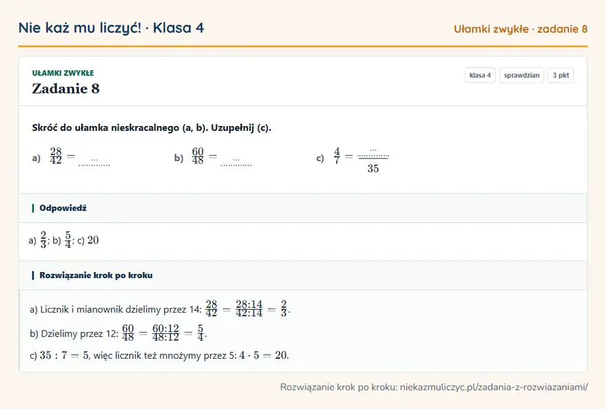 Rozwiązanie zadania 8 — Ułamki zwykłe (klasa 4): Skróć do ułamka nieskracalnego (a, b). Uzupełnij (c). a) 28/42 = … b) 60/48 = … c) 4/7 = … 35