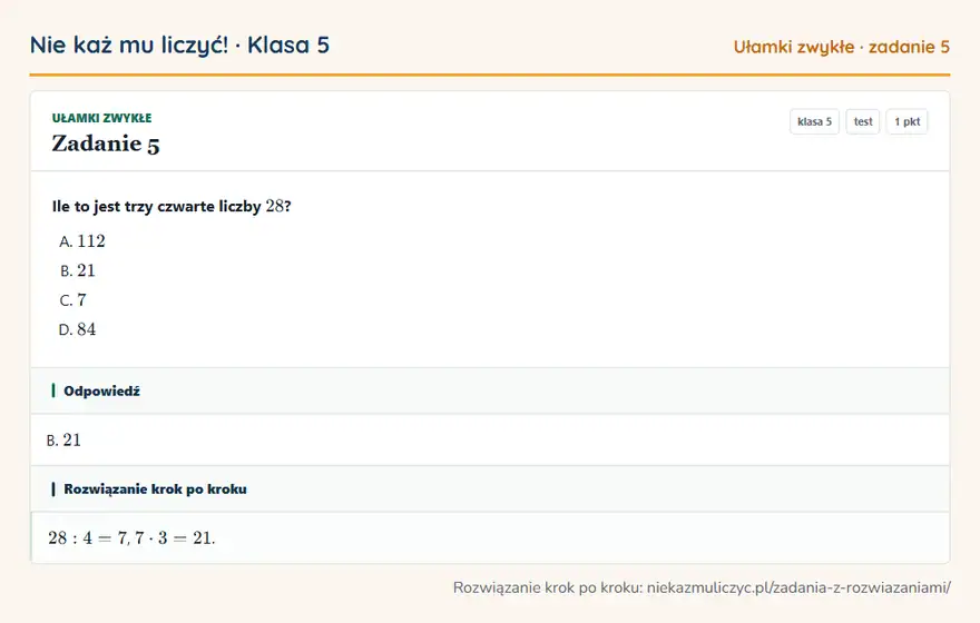Rozwiązanie zadania 5, test „Ułamki zwykłe”, klasa 5: Ile to jest trzy czwarte liczby 28? Odpowiedź: B. 21