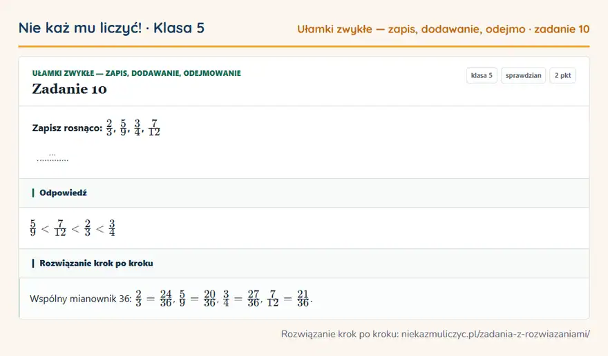 Rozwiązanie zadania 10, sprawdzian „Ułamki zwykłe — zapis, dodawanie, odejmowanie”, klasa 5: Zapisz rosnąco: 2/3, 5/9, 3/4, 7/12 … Odpowiedź: 5/9