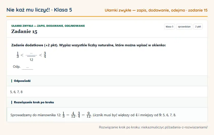 Rozwiązanie zadania 15, sprawdzian „Ułamki zwykłe — zapis, dodawanie, odejmowanie”, klasa 5: Zadanie dodatkowe (+2 pkt). Wypisz wszystkie liczby naturalne, które można wpisać w okienko: 1/3 …… Odpowiedź: 5, 6, 7, 8