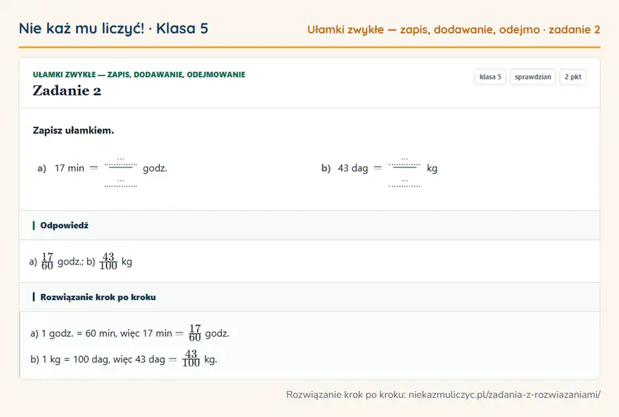 Rozwiązanie zadania 2 — Ułamki zwykłe — zapis, dodawanie, odejmowanie (klasa 5): Zapisz ułamkiem. a) 17 min = … … godz. b) 43 dag = … … kg