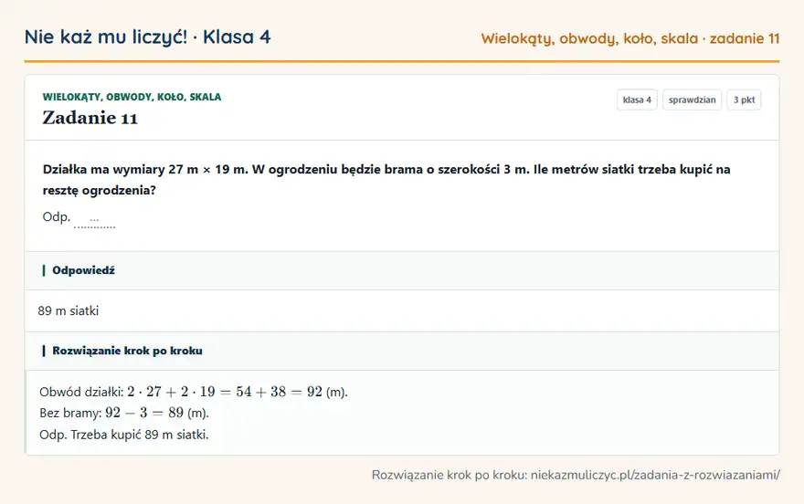 Rozwiązanie zadania 11 — Wielokąty, obwody, koło, skala (klasa 4): Działka ma wymiary 27 m × 19 m. W ogrodzeniu będzie brama o szerokości 3 m. Ile metrów siatki…