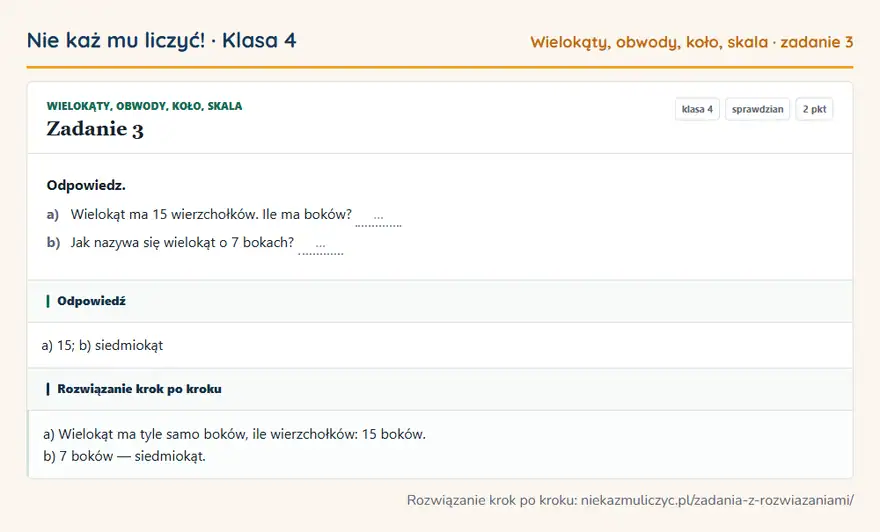 Rozwiązanie zadania 3 — Wielokąty, obwody, koło, skala (klasa 4): Odpowiedz. a) Wielokąt ma 15 wierzchołków. Ile ma boków? … b) Jak nazywa się wielokąt o 7 bokach? …