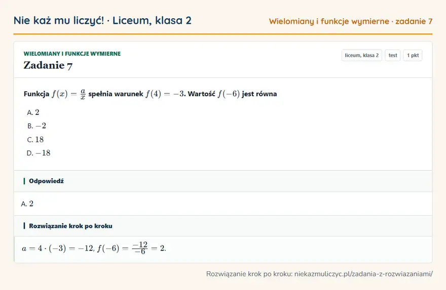 Rozwiązanie zadania 7 — Wielomiany i funkcje wymierne (liceum, klasa 2): Funkcja f(x) = a/x spełnia warunek f(4) = -3. Wartość f(-6) jest równa