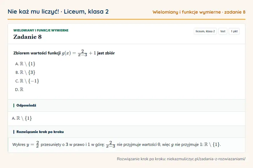 Rozwiązanie zadania 8 — Wielomiany i funkcje wymierne (liceum, klasa 2): Zbiorem wartości funkcji g(x) = 2/x - 3 + 1 jest zbiór