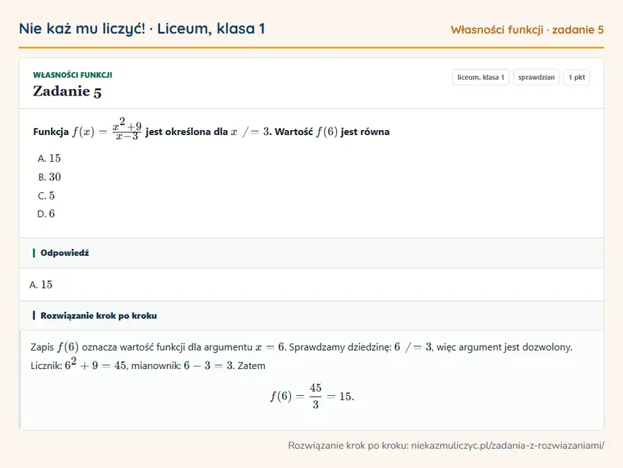 Rozwiązanie zadania 5 — Własności funkcji (liceum, klasa 1): Funkcja f(x) = x² + 9/x - 3 jest określona dla x ≠ 3. Wartość f(6) jest równa