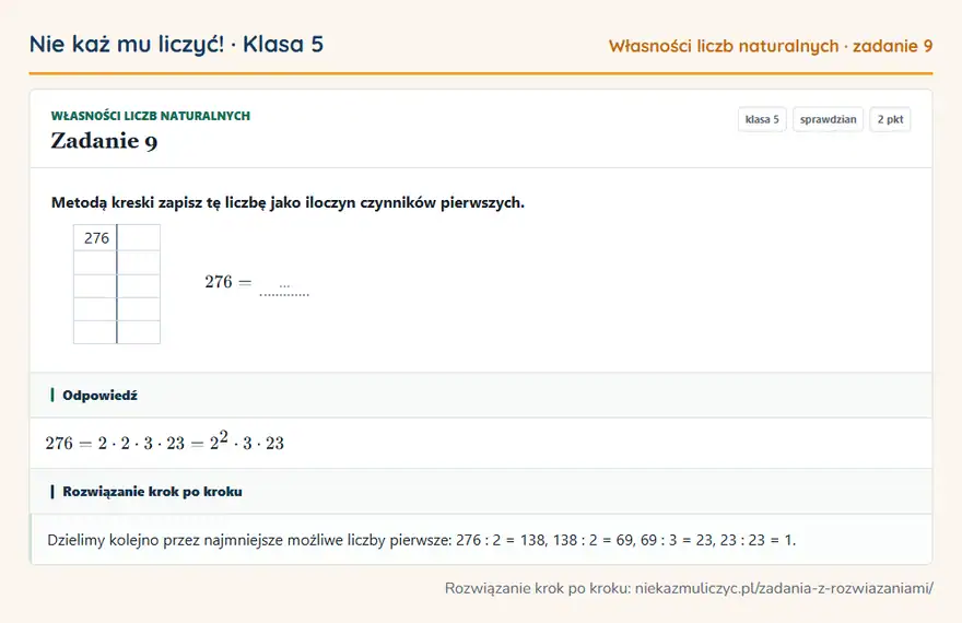 Rozwiązanie zadania 9 — Własności liczb naturalnych (klasa 5): Metodą kreski zapisz tę liczbę jako iloczyn czynników pierwszych. 276 276 = …