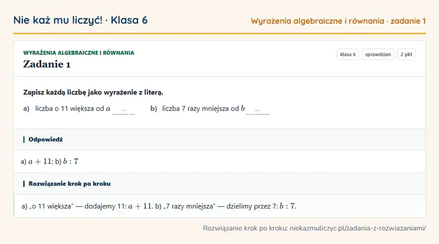 Rozwiązanie zadania 1 — Wyrażenia algebraiczne i równania (klasa 6): Zapisz każdą liczbę jako wyrażenie z literą. a) liczba o 11 większa od a … b) liczba 7 razy…